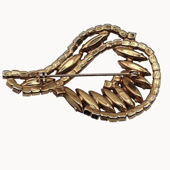 Gold Tone Black Navette Brooch Prong Set Rhinestone Unsigned Swirl Pin Fashion - Picture 6 of 14